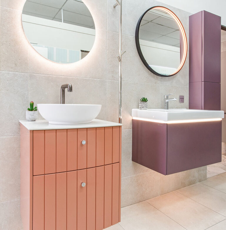 Dasani Bathroom showroom displaying orange and purple furniture.