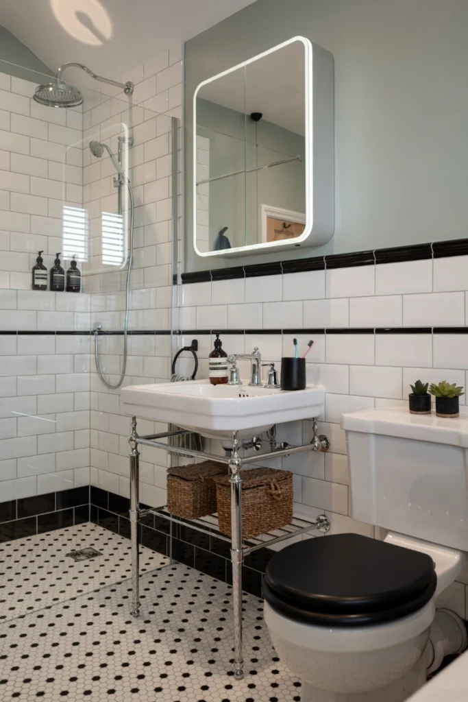 hugo-oliver-victorian-bathroom-basin Vertical view of Victorian bathroom with basin, toilet and walk-in shower.