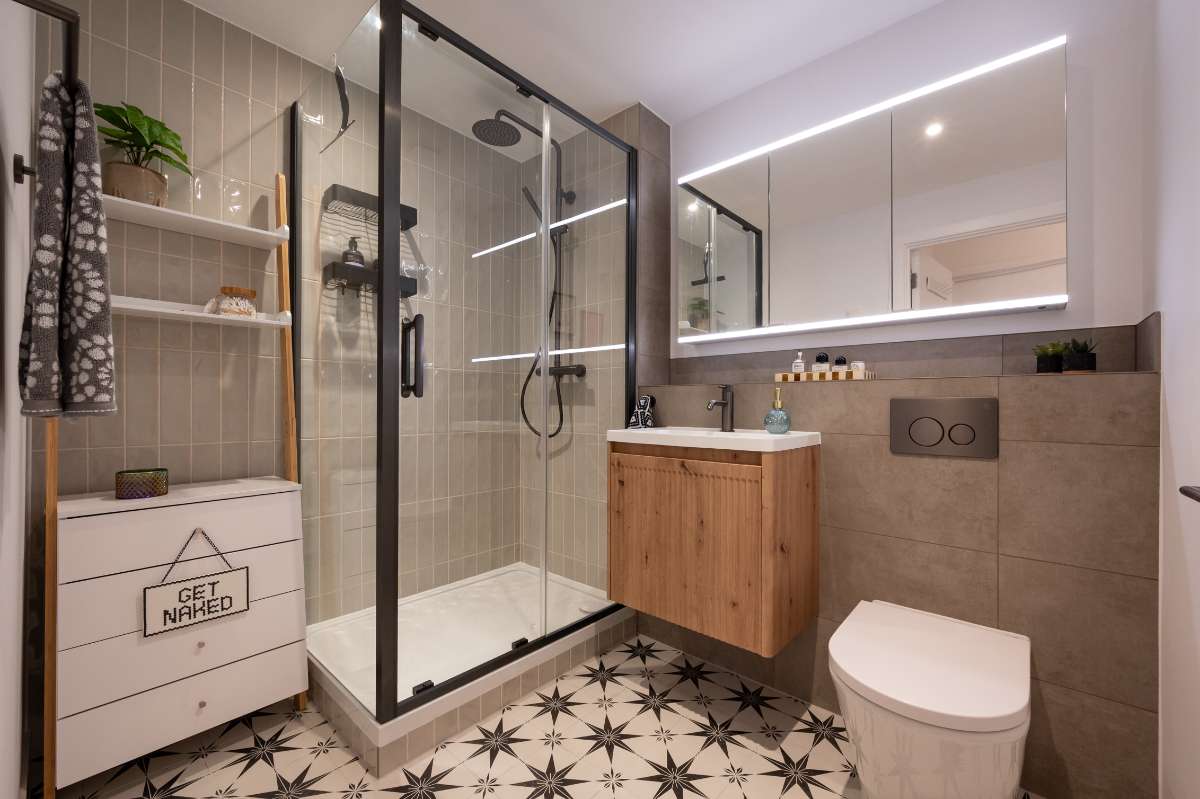 Contemporary Shower Room with Statement Monochrome Floor